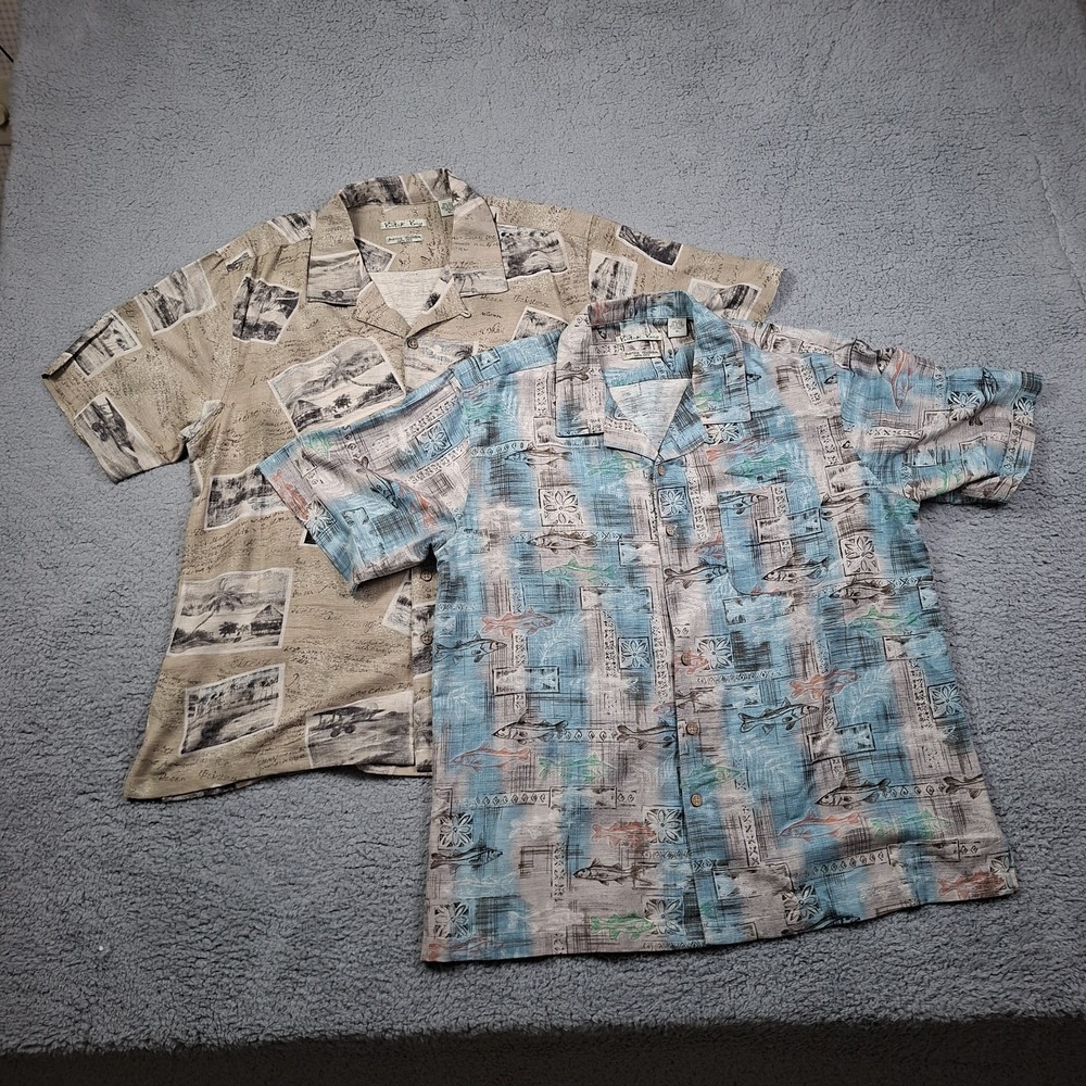 Lot of 2 Batik Bay Mens XL 100% Silk Hawaiian Shirts Button Up Tan Blue Floral